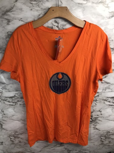 Women’s Majestic Edmonton Oilers Orange T Shirt Large V Neck #X - Picture 3 of 6