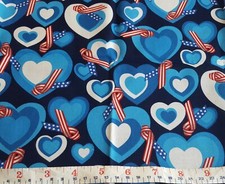 One Yard PATRIOTIC AMERICA FLAGS n HEARTS, RIBBONS FABRIC 44" W x 37" L NICE