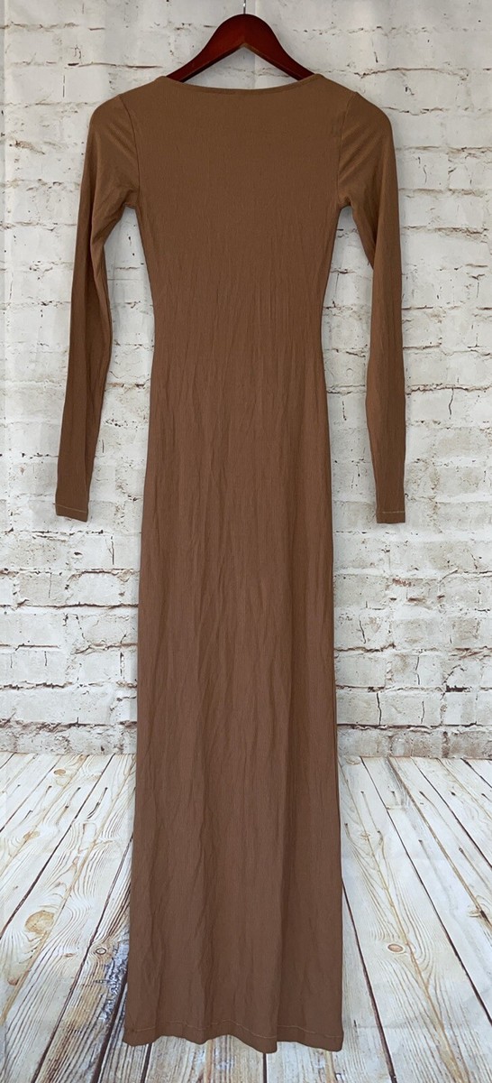 NEW Skims Kim Kardashian Ribbed Soft Lounge Long Sleeve Slip Maxi Dress-  Camel S | eBay