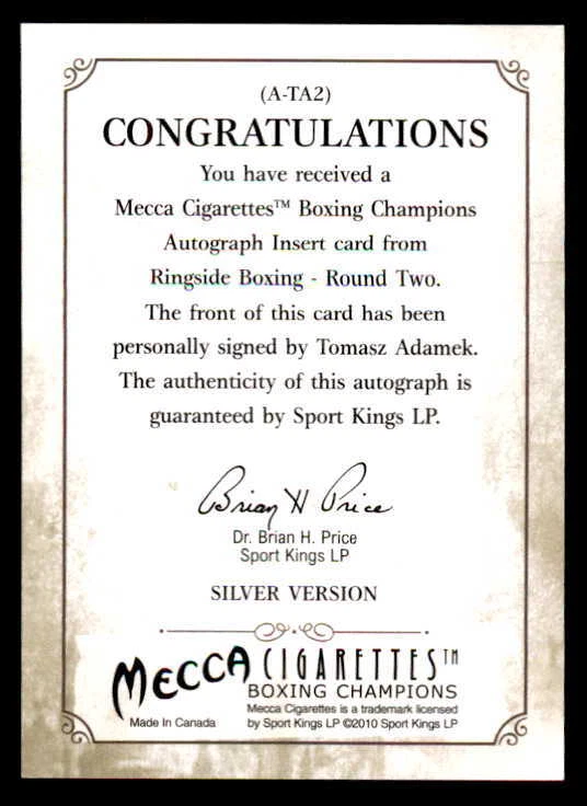 2011 Ringside Boxing Round Two #ATA2 Tomasz Adamek Auto */100 (ref 102019) - Image 2 of 2
