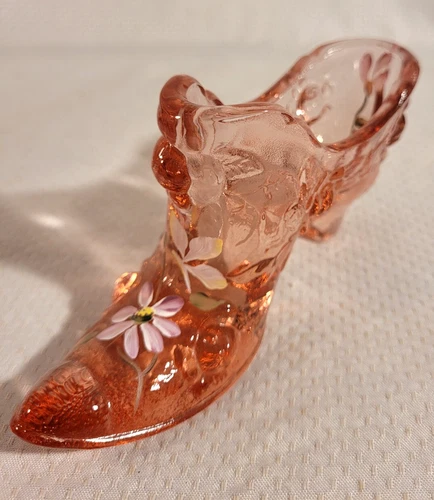 Vintage Fenton Pink Cabbage Rose Glass Slipper Shoe Hand Painted Signed Fleming