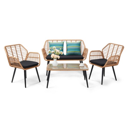 Outdoor Rattan 4-Piece Patio Furniture Set Loveseat Chair Table For Backyard - Picture 8 of 12