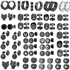 Norse Viking Runes Wolf Head Earring For Men Women Hoop Stainless Steel Stud Set
