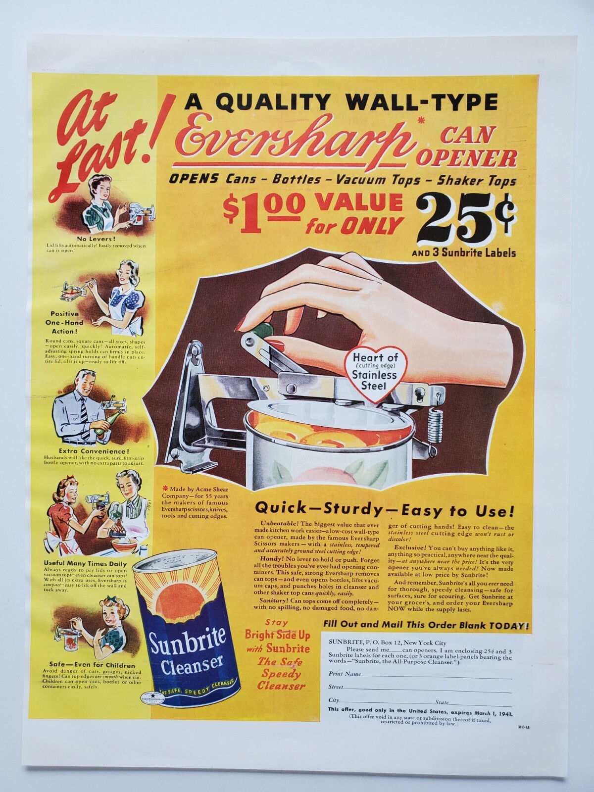 Sunbrite Cleanser Ad 1940 Eversharp Can Opener Vintage Magazine Print