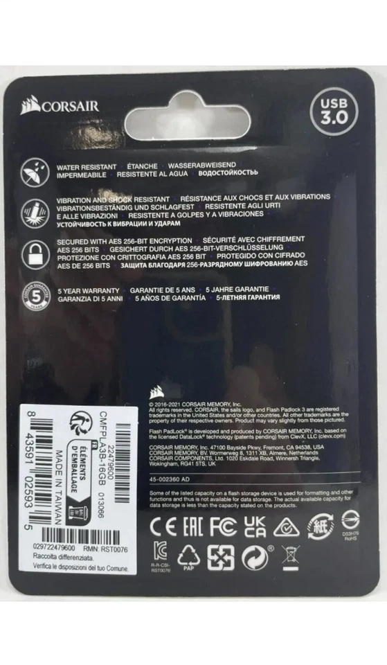 Corsair FIPS 197 - 16GB USB 3.0 Encrypted Flash Drive - Black/Blue New Free Ship - Image 2 of 4