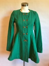 Elevenses Anthropologie Green Double Breasted Flared Coat, Size 0 (us) 4 (uk)