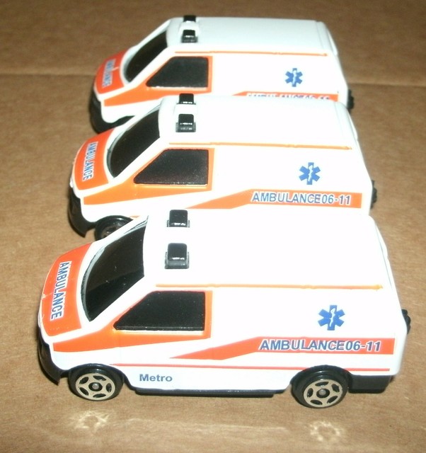 Three 1/64 Scale Ambulance Van Diecast Model Emergency Rescue Fleet