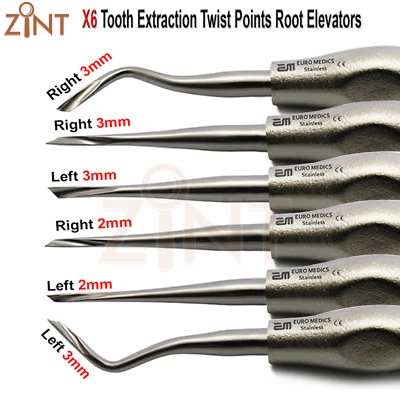 MEDENTRA UK 6Pcs Twisted Tooth Extraction Root Elevators Straight And Curved 2mm/3mm Lab CE