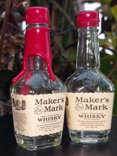 2x Maker's Mark Bourbon Whisky Miniature Bottles 50ml Empty Old Style Sour Mash