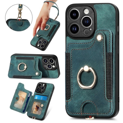 Ring Stand Leather Card Slot Phone Case For iPhone 14 13 12 11 Pro Max XR 8 7 6 - Picture 49 of 84