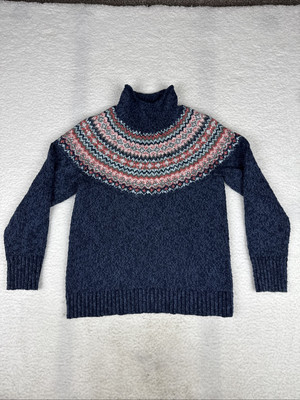 LL Bean Ragg Funnelneck Pullover Sweater Reg Natural Cotton Blue/Pink Women s XS