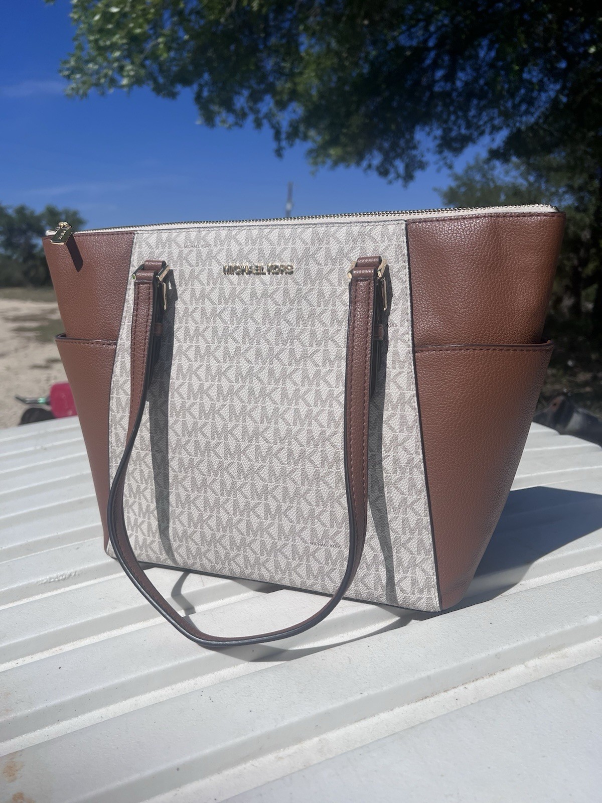 Michael Kors Charlotte Large Logo and Leather Top Zip Tote in Vanilla