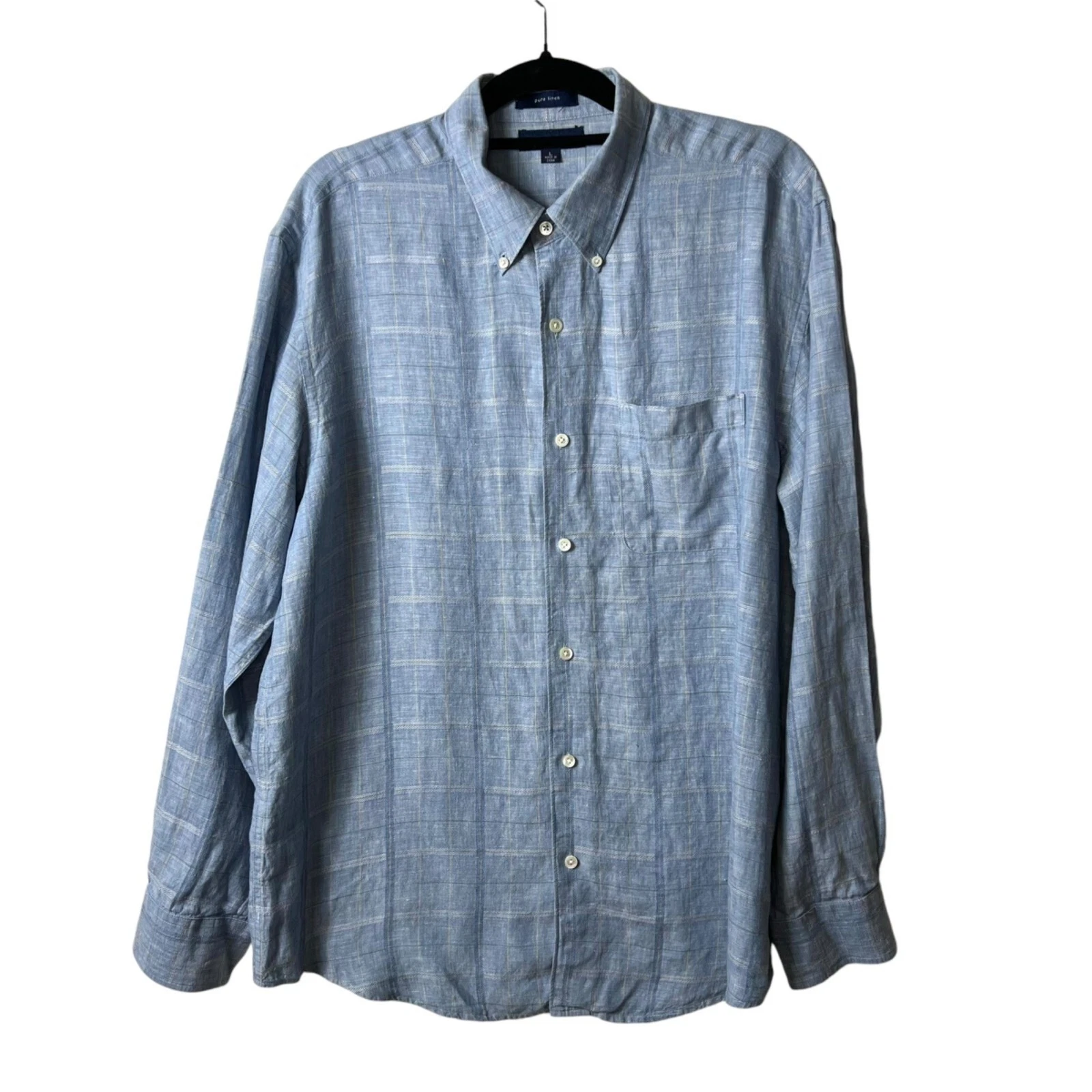 Grant Thomas Mens Blue Plaid Pure Linen Button Down Shirt Large Long Sleeve L