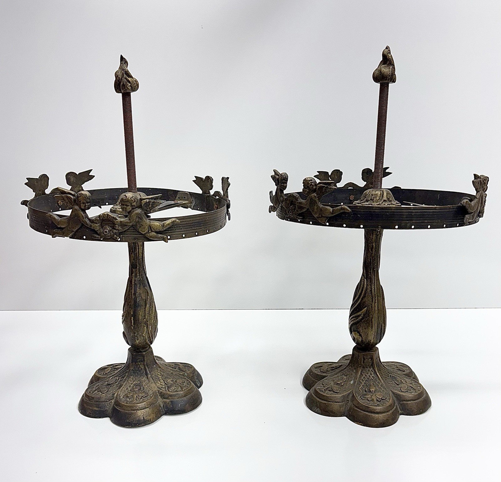 Antique Early 1900s Lamp Base Stands Set Cherub Putties Cast Brass Bronze Parts