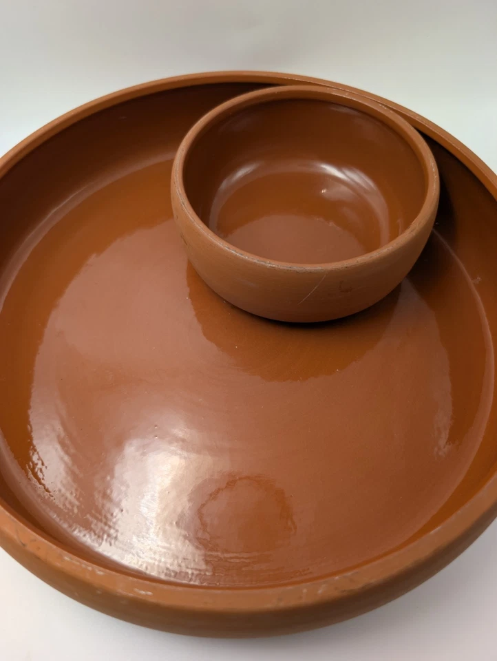 Vintage BORTNER & BORTNER TerraCotta Glazed Round Chip & Dip Serving Tray Bowl - Image 2 of 4
