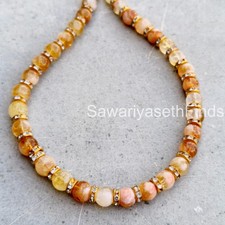 Handmade Citrine Gemstone Beaded Necklace, 8mm Round Yellow Beads, Sterling Silv