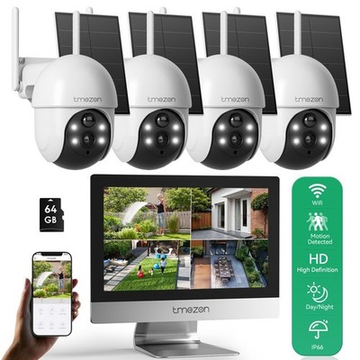 Solar Überwachungskamera Set Haus 4 Kamera WLAN 12'' Monitor NVR Außen IP66 64G