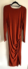 Autumn Rust Tan Brown Long Sleeve Dress Ribbed Ruched Midi Dress Size XL 16 - 18