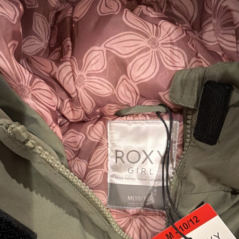 ROXY Girls Hooded Zip Parka Jacket Green Floral Lined M 10/12 Ski