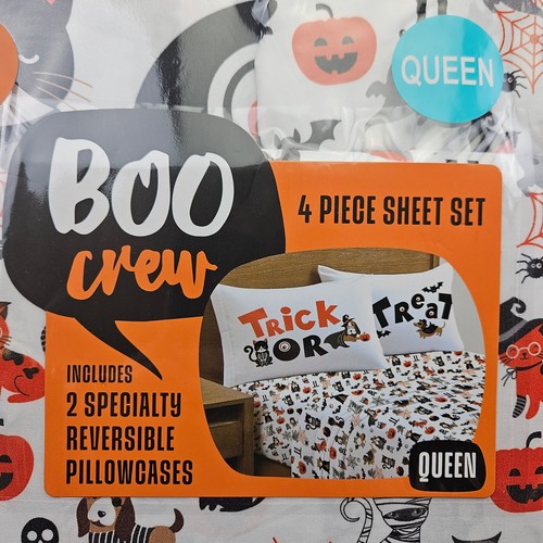 Queen Halloween Boo Crew 4 Piece Sheet Set 2 Specialty Reversible Pillowcases - Picture 3 of 6