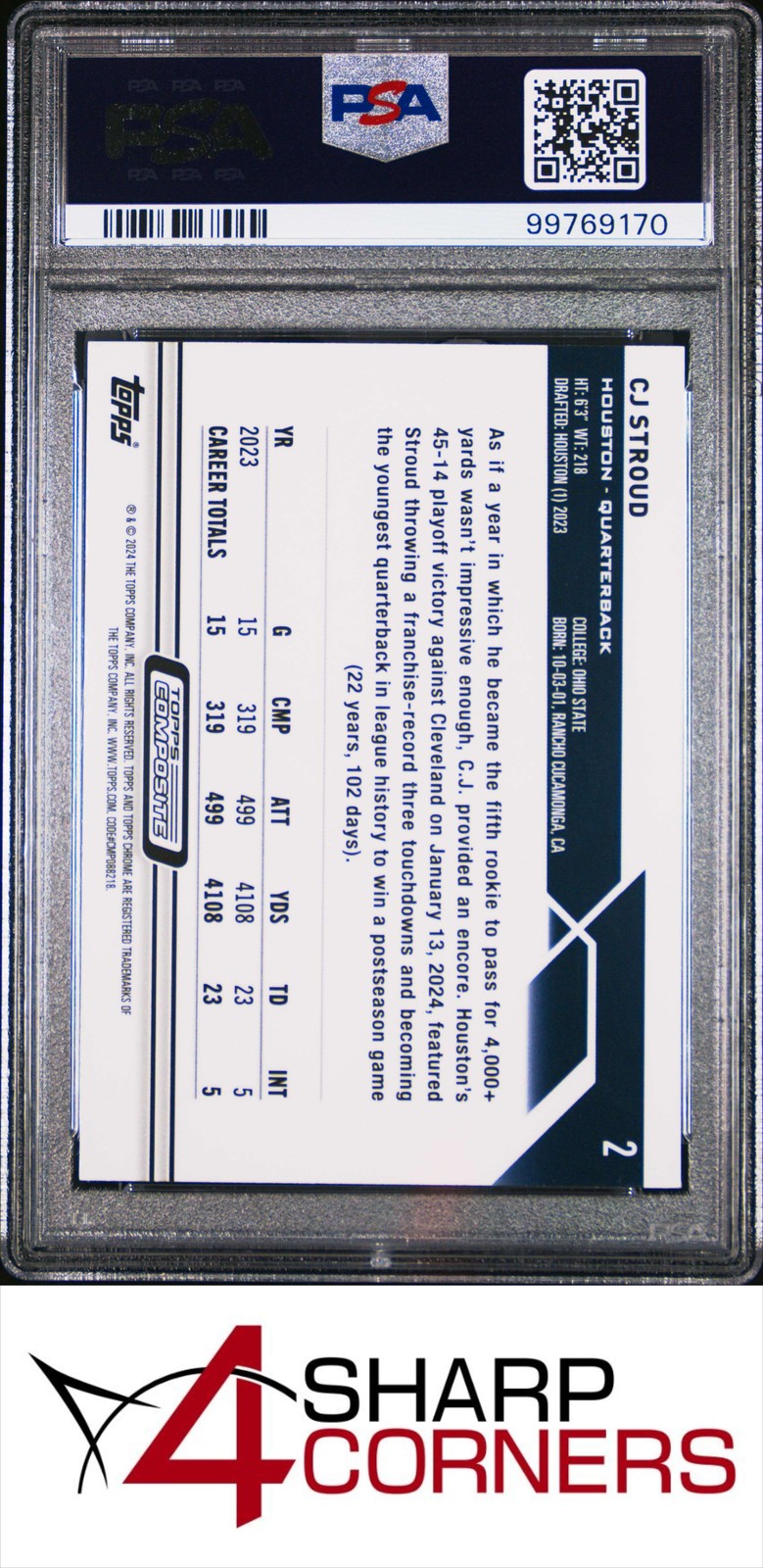 2023 TOPPS COMPOSITE PINK REFRACTOR #2 CJ STROUD RC PSA 10 view 2