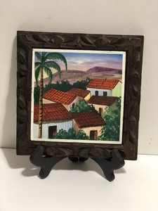 Vintage Hand painted ceramic Tile With Rustic Hand Carved frame