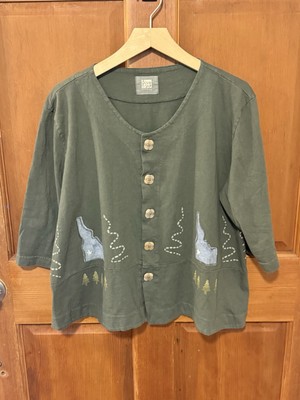 Blue FISH CLOTHING ShortSleeve Button Up Top Cardigan Size 2 Cotton Hand Painted