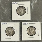 1943 D, 1944 P, 1945 P MERCURY DIMES, CIRCULATED, UNGRADED