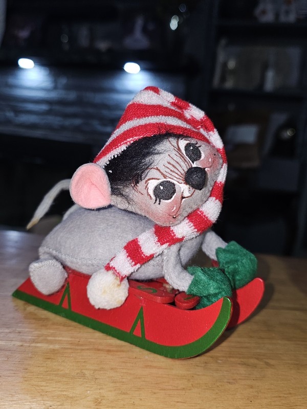 Vintage Annalee Mouse on Wood Sled Doll Red White Hat 5"