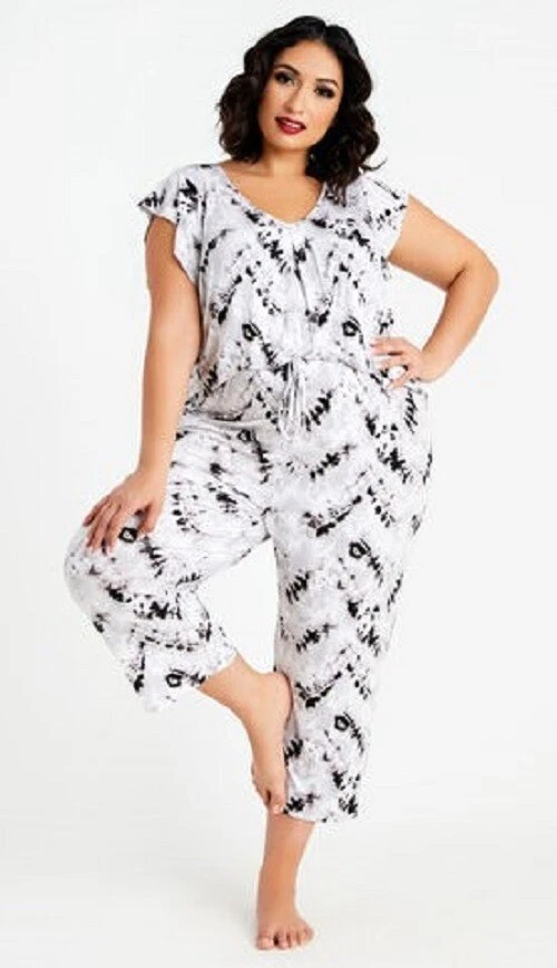 NWT ELLEN TRACY BLACK GRAY TIE DYE 2 PC TOP & CAPRI PANTS PAJAMA SET $60 5X  5XL