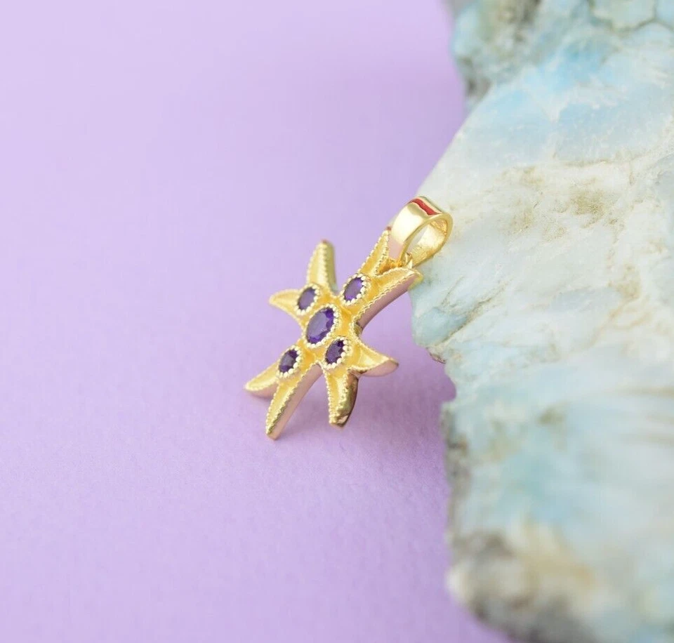 Solid 14k Yellow Gold Amethyst Gemstone MALTESE CROSS Pendant Charm Jewelry Gift - Image 4 of 4