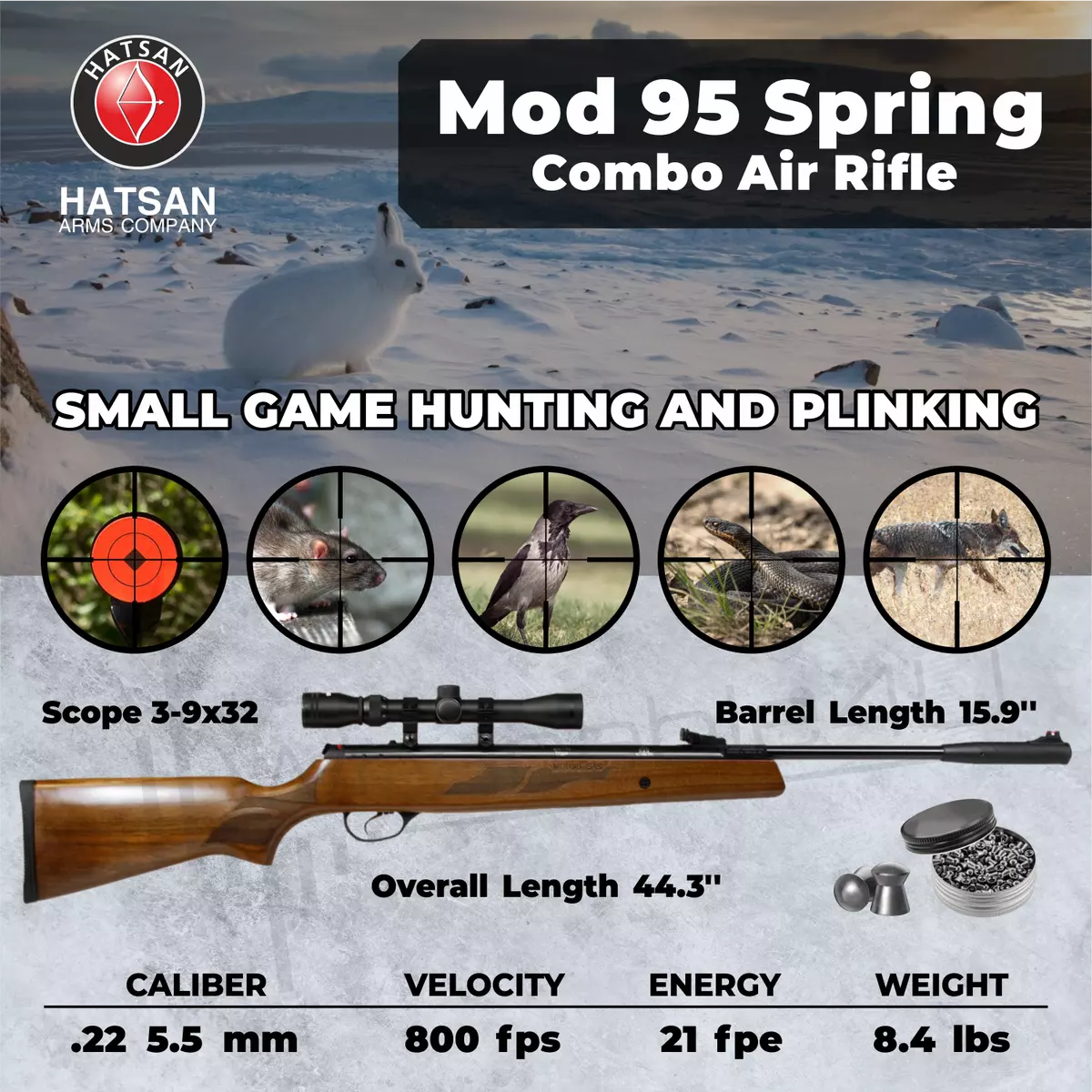 Hatsan Mod 95 Spring Combo .22 Caliber Air Rifle with Targets and Pellets  Bundle