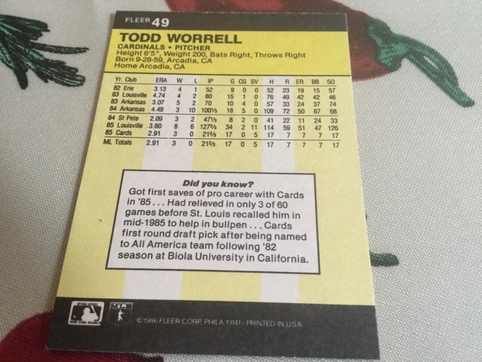 Tarjeta de béisbol Fleer Todd Worrell 1986 autografiada Cardenales de San Luis RC #49 Foto 2 de 2