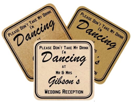 50 Personalised Vintage Wedding beer mats, Don't take my drink, I'm Dancing - Afbeelding 1 van 4