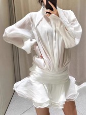 New Sexy Womens V-neck Slim Fit Long Sleeve White Shirt Dress with Ruffled Edges