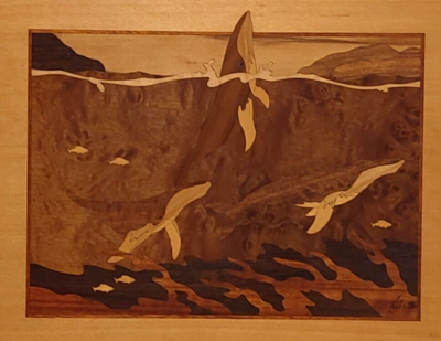 HUDSON RIVER INLAY PICTURE - HUMPBACK WHALES - WOOD MARQUETRY - 13