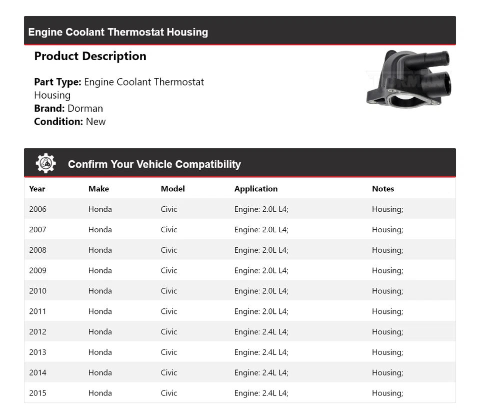 Корпус термостата охлаждающей жидкости двигателя для Honda Civic Dorman 2006-2015 годов выпуска 2007 2008 годов выпуска - Изображение 2 из 4