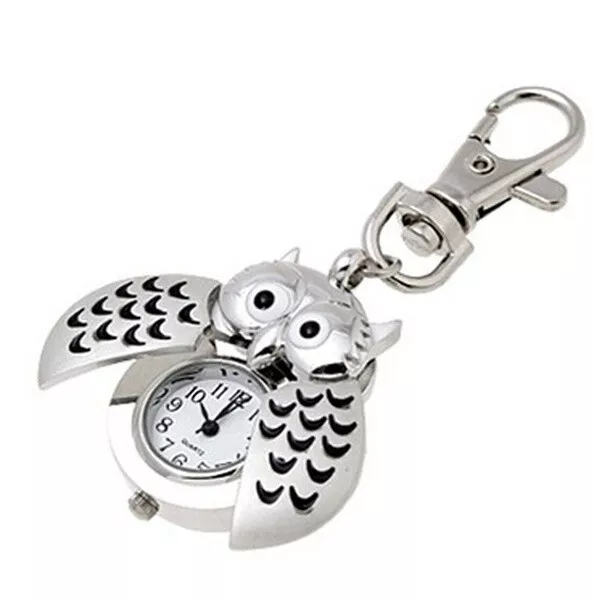 Silver Colored Owl Mini Quartz Slide Open Clock Keychain