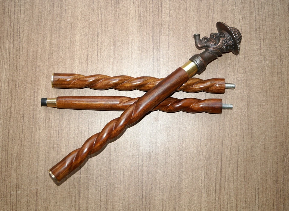 Bastón de madera vintage con bastón marrón torcido cabeza Sherlock Holmes de acción de gracias Foto 2 de 4