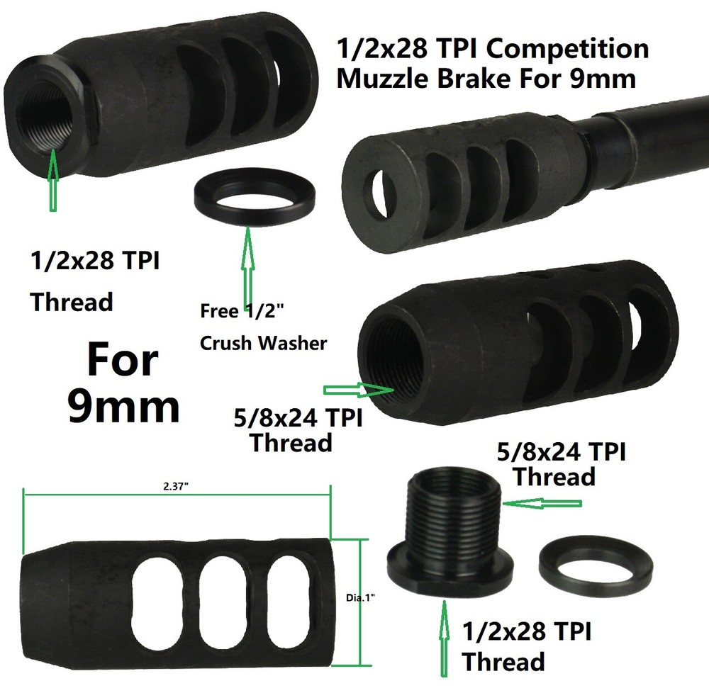 9mm Low Concussion Steel Muzzle Brake Compensator 1/2x28 TPI  