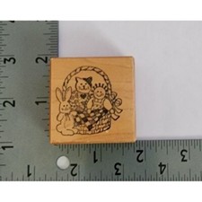 Vintage PSX Rubber Stamp Basket Bunny Doll Kitty Cat Quilt D-760 Wooden Cards