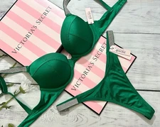 VICTORIA'S SECRET SWIM Shine Strap Sexy Tee Push-Up Bikini Thong Set Green