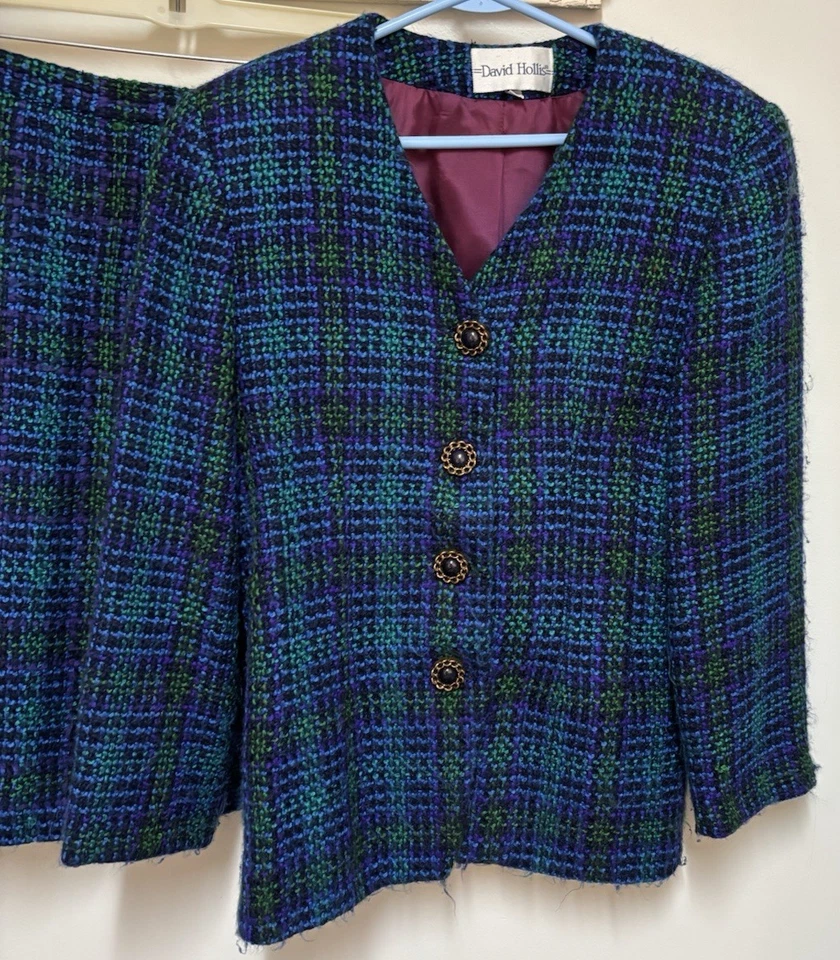 TRAJE DE TWEED VINTAGE DAVID HOLLIS 2 PIEZAS PÚRPURA, AZUL, VERDE FORRADO EE. UU. TALLA 10 Foto 2 de 4