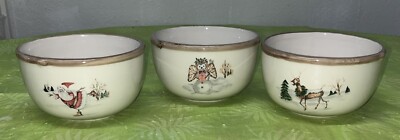 3 AMERICAN ATELIER CHRISTMAS TWIG CEREAL BOWLS 5 1/2'' REINDEER SANTA SNOWMAN