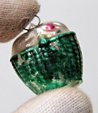 VTG Glass Embossed FLOWER BASKET Mini Feather Tree Christmas Ornament Japan Gren