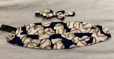 Vtg Silk Cummerbund Bow Tie Set Baseball By Nicole Miller Amazing