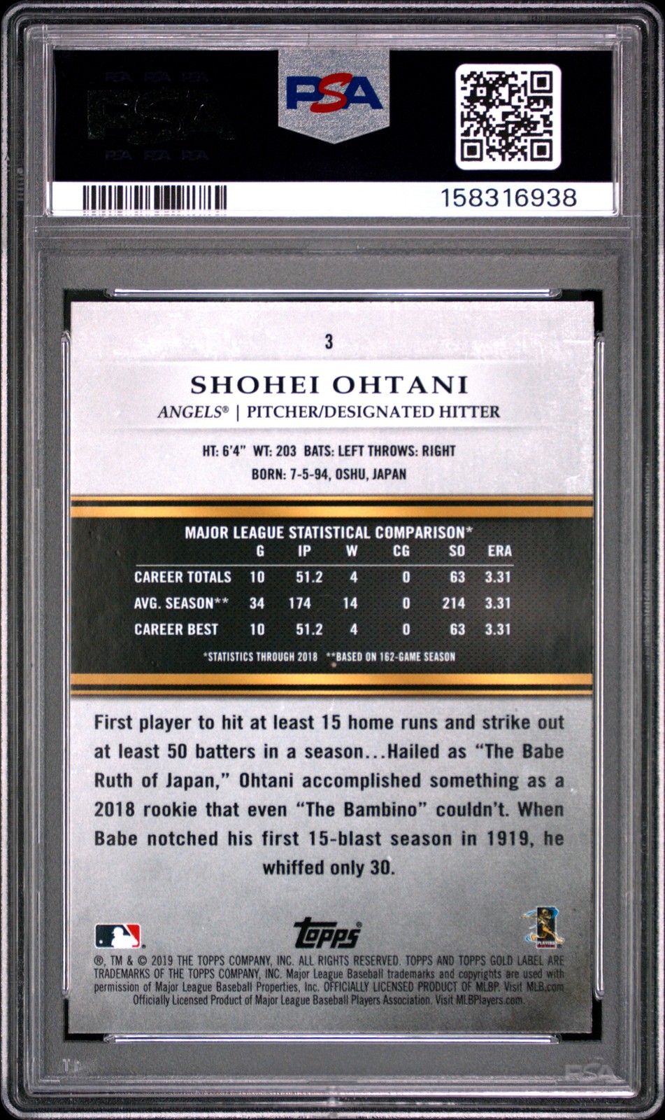2019 Topps Gold Label #3 Shohei Ohtani Class 3 PSA 9 view 2