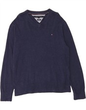 TOMMY HILFIGER Mens V-Neck Jumper Sweater Large Navy Blue Cotton CW03