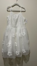 Girls White adjustable strap Tulle Dress Size 8 Sequin Floral, Sleeveless.