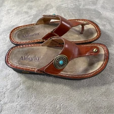 Alegria Sandals Womens 38 US 7.5 Brown Leather Thong Wedge Turquoise Comfort